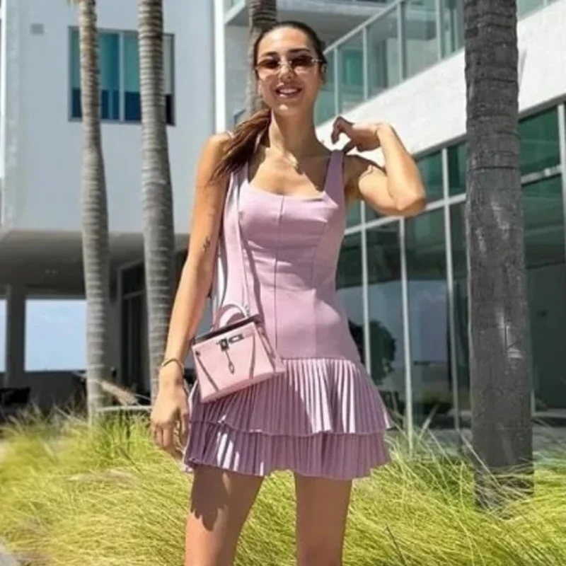 Hxao vestidos femininos plissados 2025 verão sem mangas vestidos curtos em camadas deslizamento vestido elegante sem costas mini vestido 088