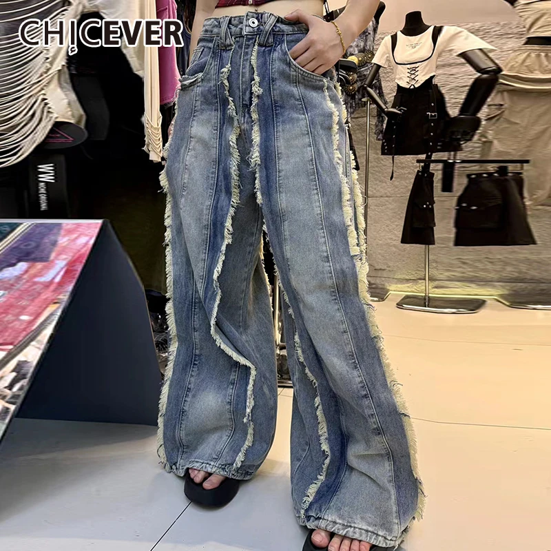 

CHICEVER Spliced Tassels Denim Pans For Women High Waist Colorblock Streetwear Popular Designer Wide Leg Jeans Female Summer New