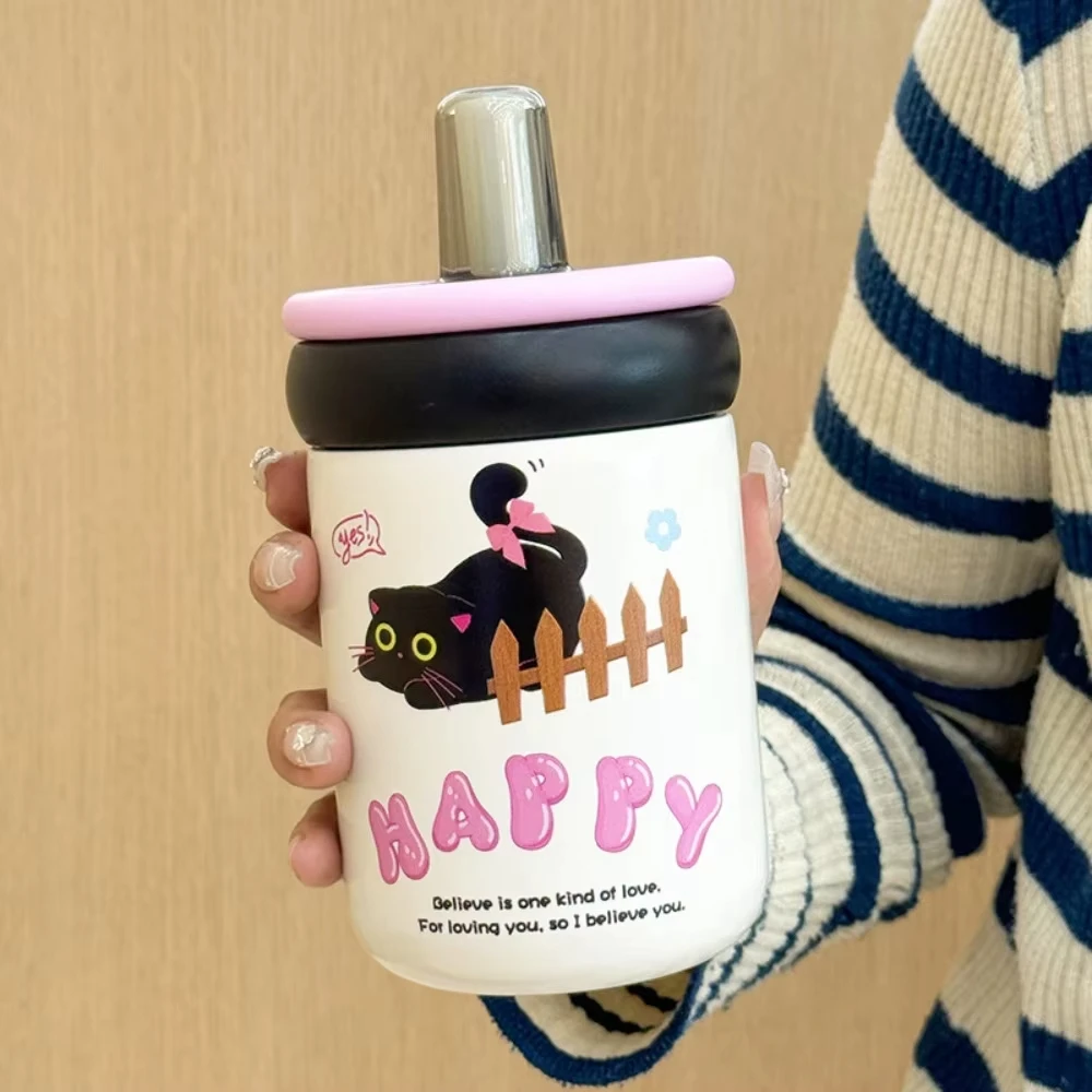 Leak-Proof 500ml Insulated Water Cup Cartoon Black Cat Thermos Bottle with Handle Vacuum Flask Straw Drinking Cup For Girl