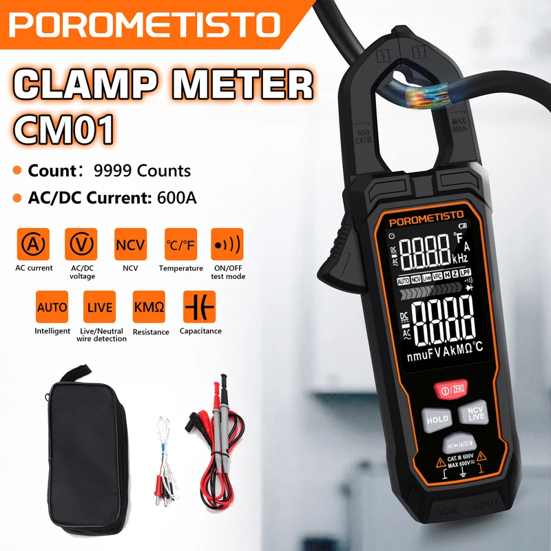 POROMETISTO-pinza amperimétrica Digital CM01, 9999 recuentos, voltaje de CA, pinza de corriente, True RMS, rango automático, temperatura, capacitancia, Ohm, amperímetro