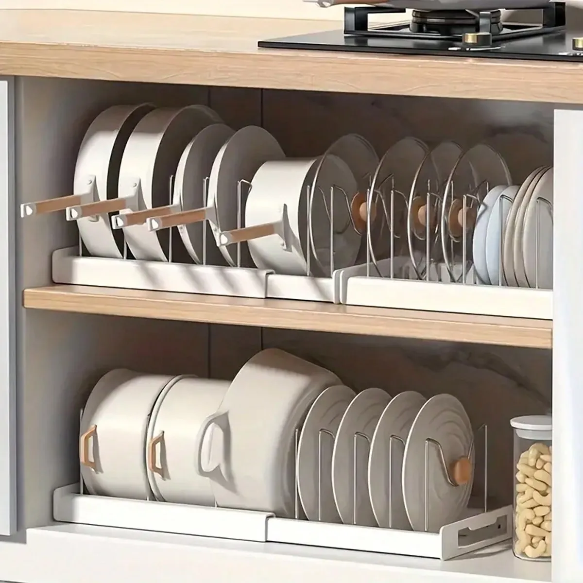 1pc Pot & Pan Organizer: Space - saving. Expandable, with lid holder, utensil rack, drainboard & drawer