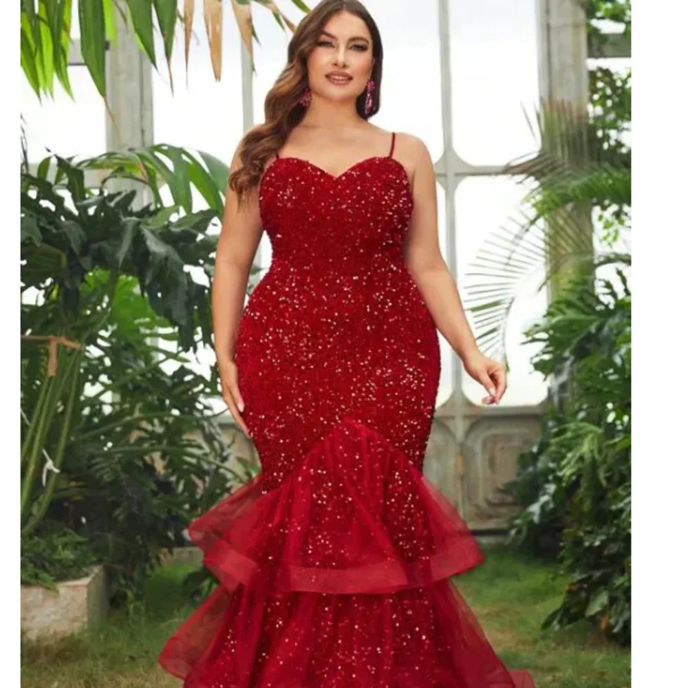 Plus Size Women Long Red Dresses Sequins Mesh Splicing Party Dresses Fashion Sleeveless Sling Elegant Dresses Large Size Female