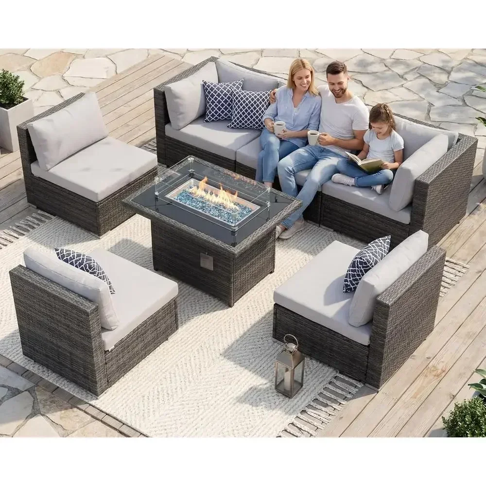 7-Piece Wicker Patio Furniture Set with Fire Pit, Weather-Resistant Outdoor Sectional Sofa, Large High-Back Seating, Grey Sofa S