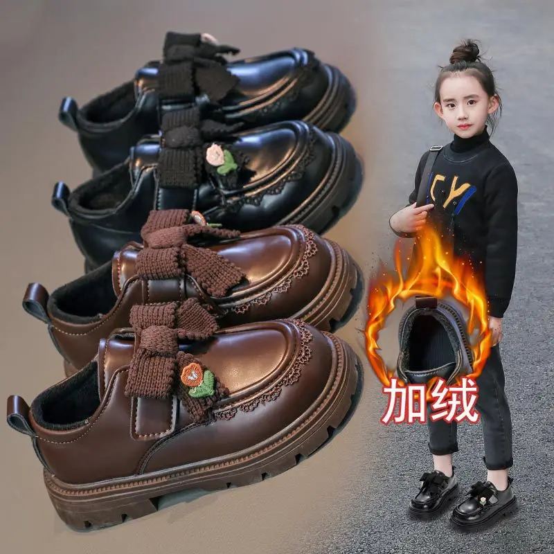 

2025winter Girl Princess Shoes Retro Versatile Kids Loafers Thick Sole Anti Slip Girls Mary Jane Shoes Simple Child Leather Shoe