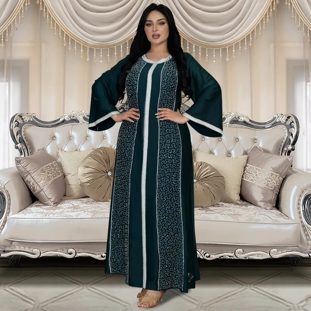 Muslim Fashion Loose Dubai Abaya Long Dresses Women Diamond Webbing Loose Robe Abaya African Dresses for Women Musulman Djellaba