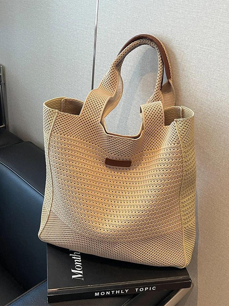 

Ladies Knitted Tote Bag Casual Style Summer Lazy Fashion Single Shoulder Bag Large Capacity Commuting Class Bag Soft Handle