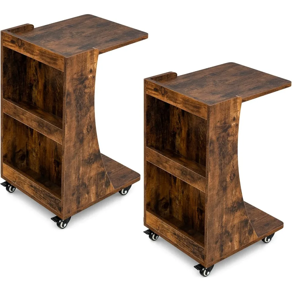 

C Shaped End Table Set of 2, Mobile 2-Tier Snack Side Table w/Back Storage Shelves, Small Bedside Table Rolling Cart