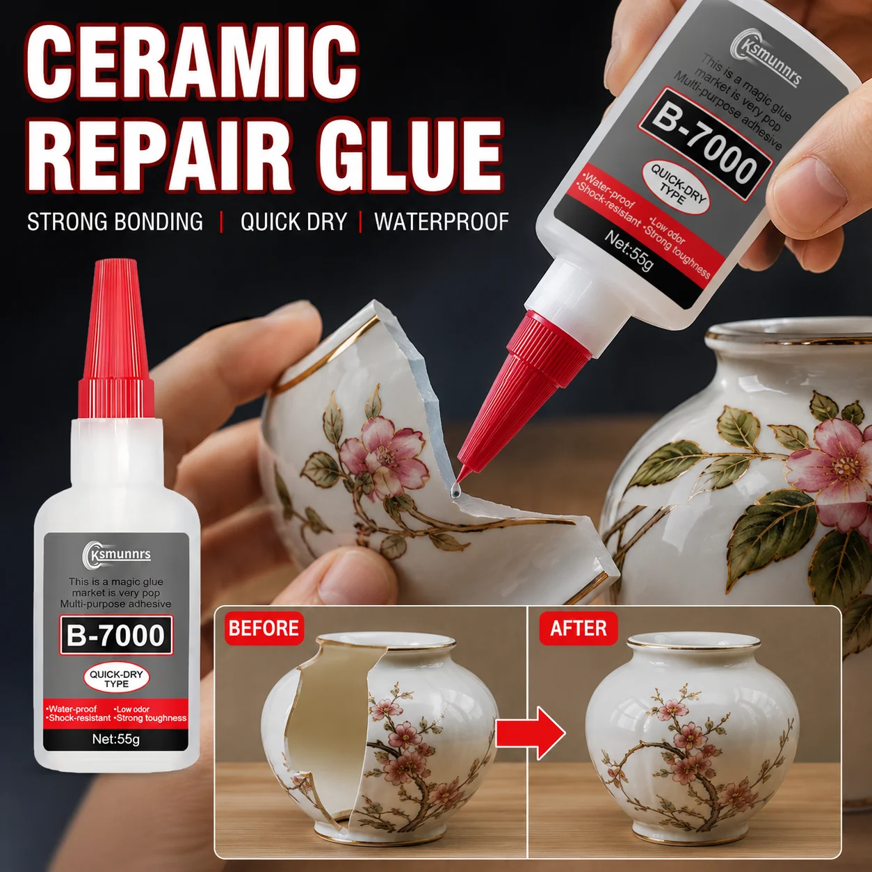 Strong Ceramic Repair Adhesive, Quick-Dry Waterproof Glue for Ceramics, Bowls, Vases, Jars and Small Craft Repairs