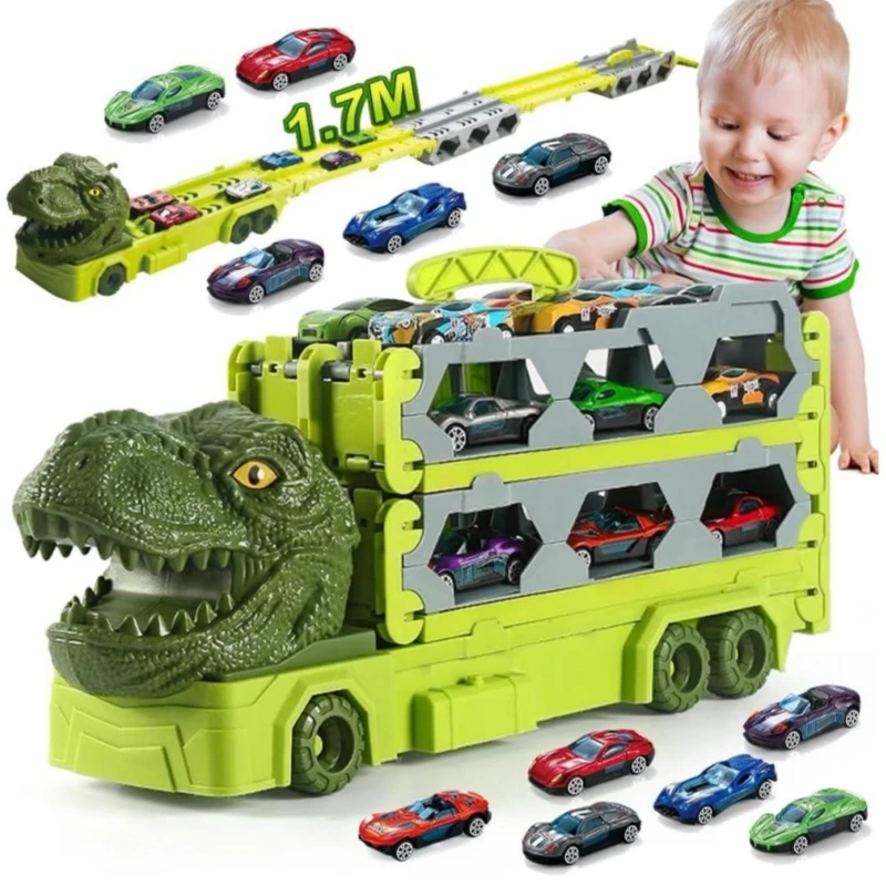 VATOS 1.7m Launch Dinosaur Truck 6x Cars Toy for Kids Race Track Truck Cars Carrier Vehicles Toys Set Boys Girls Gifts