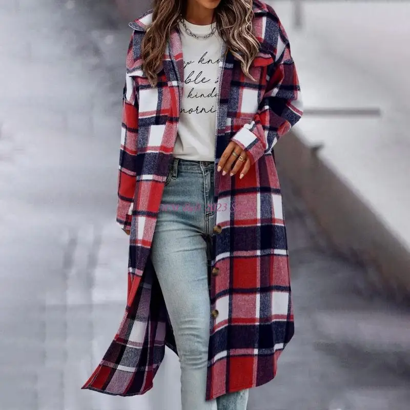 49ME Long Flannel Shirt Women Button Up Lapel Fashion Fall Trendy Oversized Trench Coats