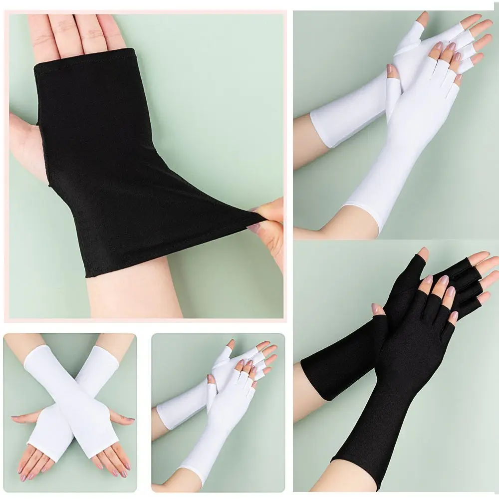 Sunscreen Protection Fingerless Long Gloves Women Arm Cool Summer Solid Mittens Half Finger Sleeves Black White Nude