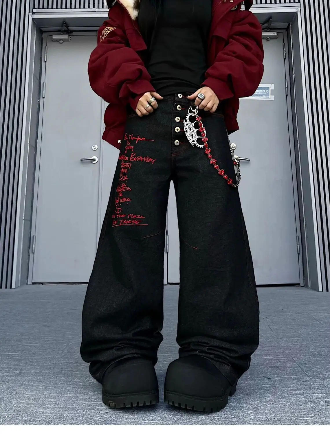 Women's Letter Embroidery Single Row Button Jeans Casual Wide Leg Denim Pants Cool Girl Bottoms Female High Waist Baggy Trousers