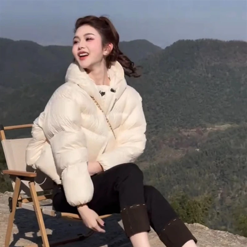 

2025 Puffy Hooded Down Jacket, Thickened Cropped Puffer for Women White Duck Feather Winter Coat