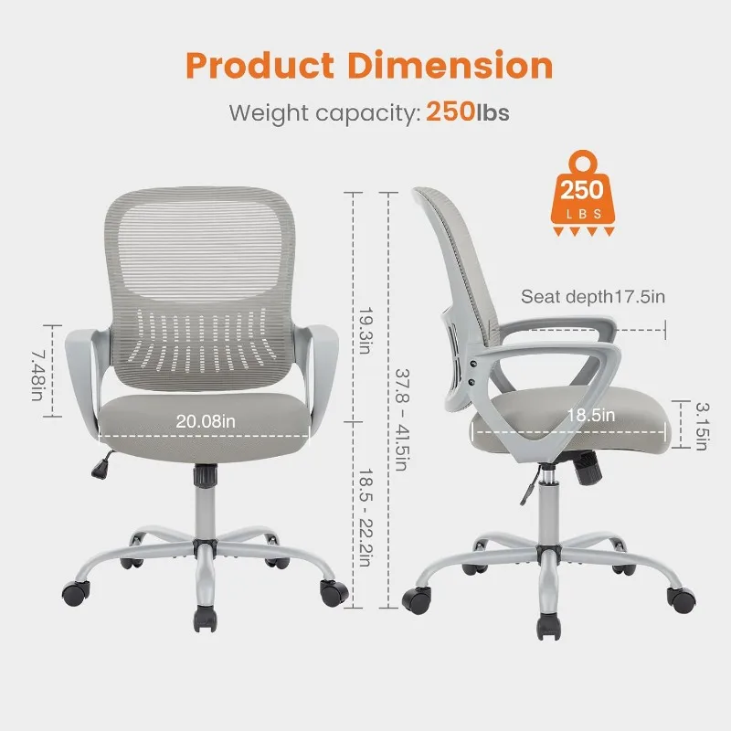 Office Computer Desk Managerial Executive Chair, Ergonomic Mid-Back Mesh Swivel Rolling Work with Wheels
