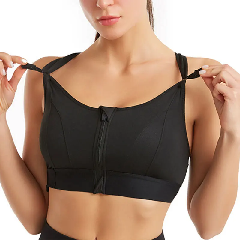 Sports Bras Adjustable Zip Front For Women With Full Coverage Removable Padded Workout Bras High Impact Adjustable Strap