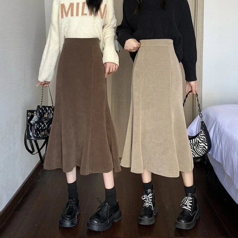Cord Lange Meerjungfrau Rock Frau 2023 Frühling Rüschen Hohe Taille Midi Röcke Frauen Koreanische Zurück Elastische Schwarz Rock Damen