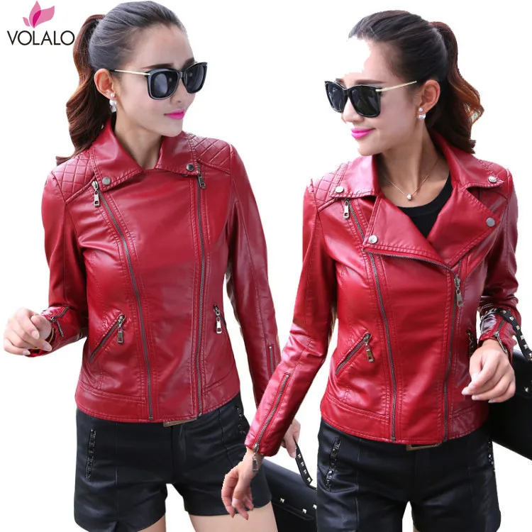 Blouson en similicuir à manches longues pour femme, streetwear, motard, noir, rouge, lisse, à la mode, automne, hiver, 2024