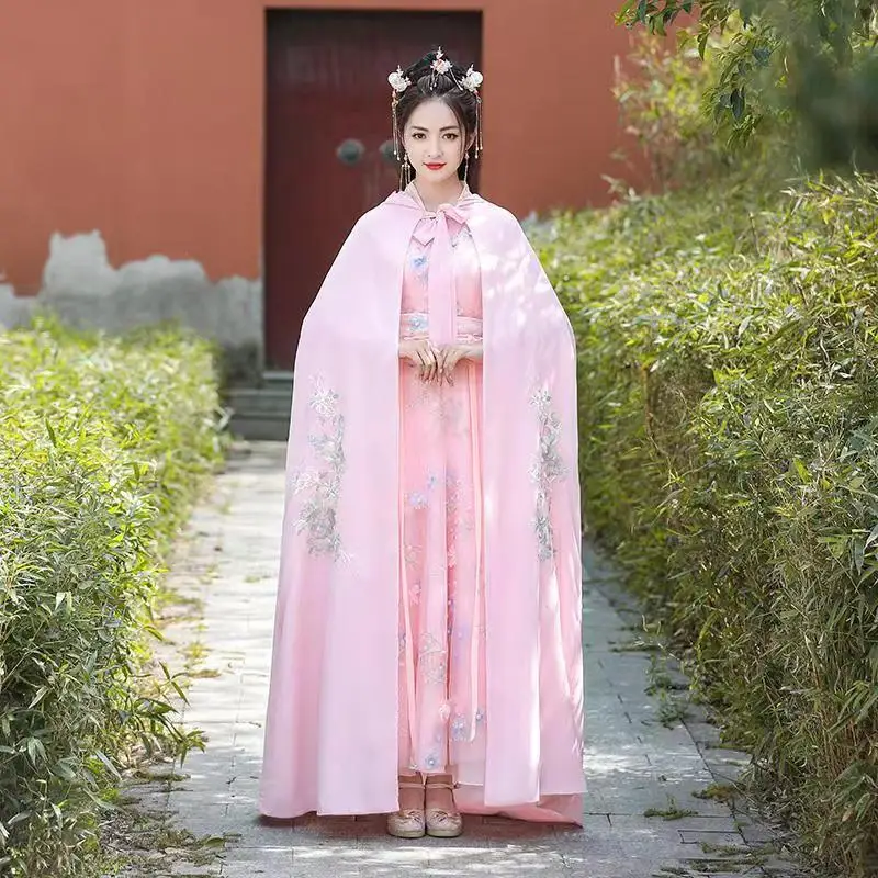 Pink Chinese Hanfu Cloak Women Girl Vintage Warm Chic Embroidery Hooded Cape Coat Ancient Cosplay Princess Overcoat