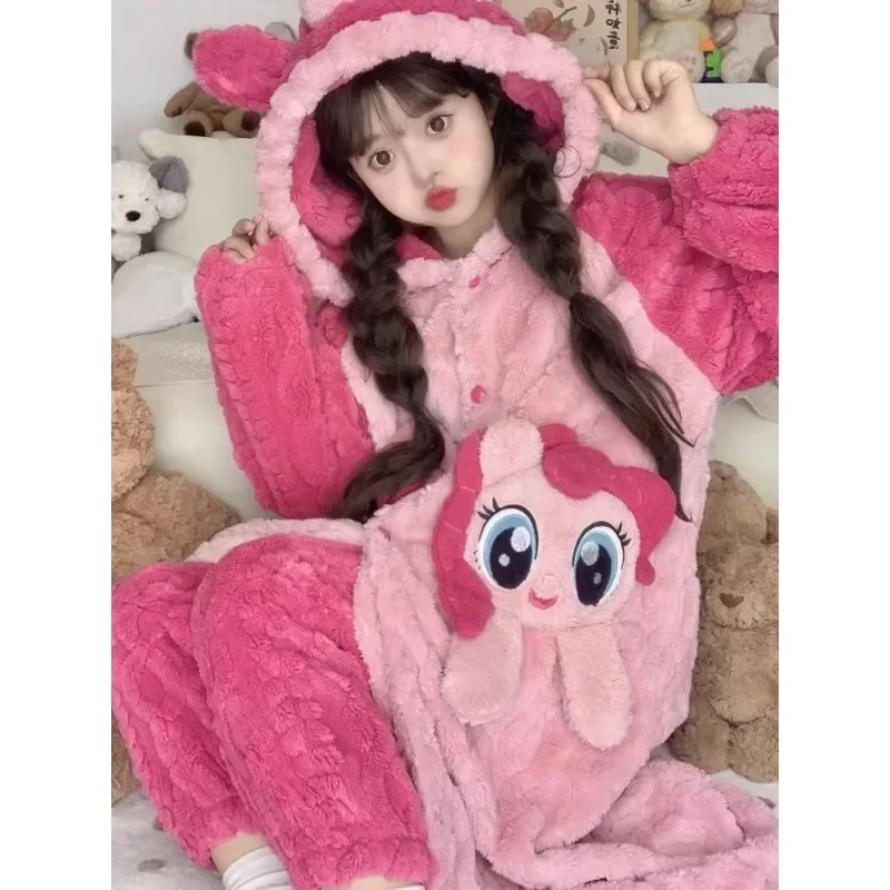 My Little Pony Pinkie Pie fashion pajamas for women autumn and winter warm coral velvet thickened velvet home wear trend set