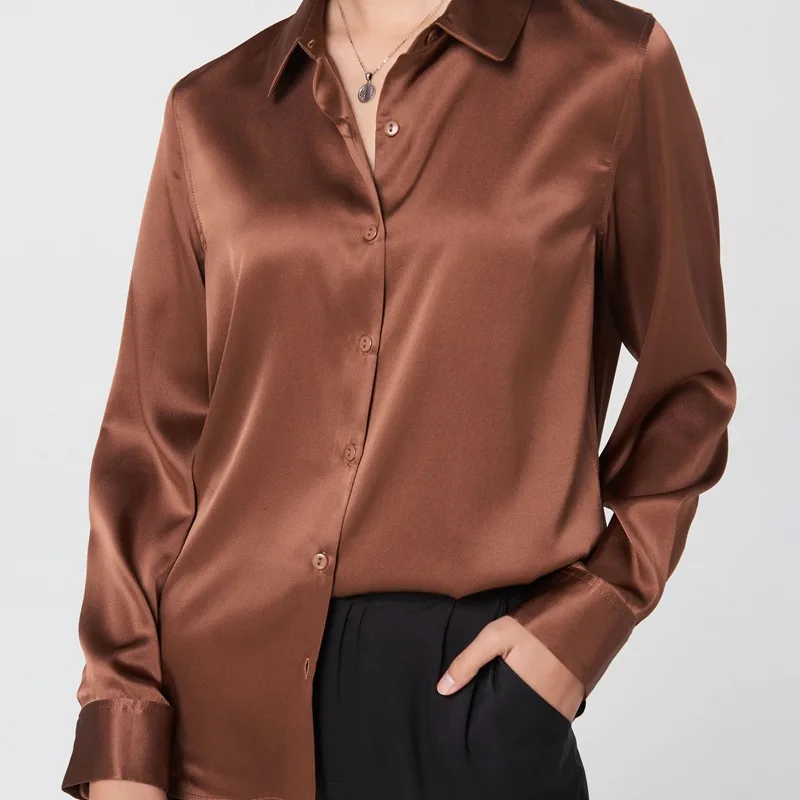 Woman Silk Shirt Long-sleeved Satin Women Blouse 19mm Mulberry Silk Blouse Loose Versatile Base Shirt 95% Natural Silk+5%Spandex