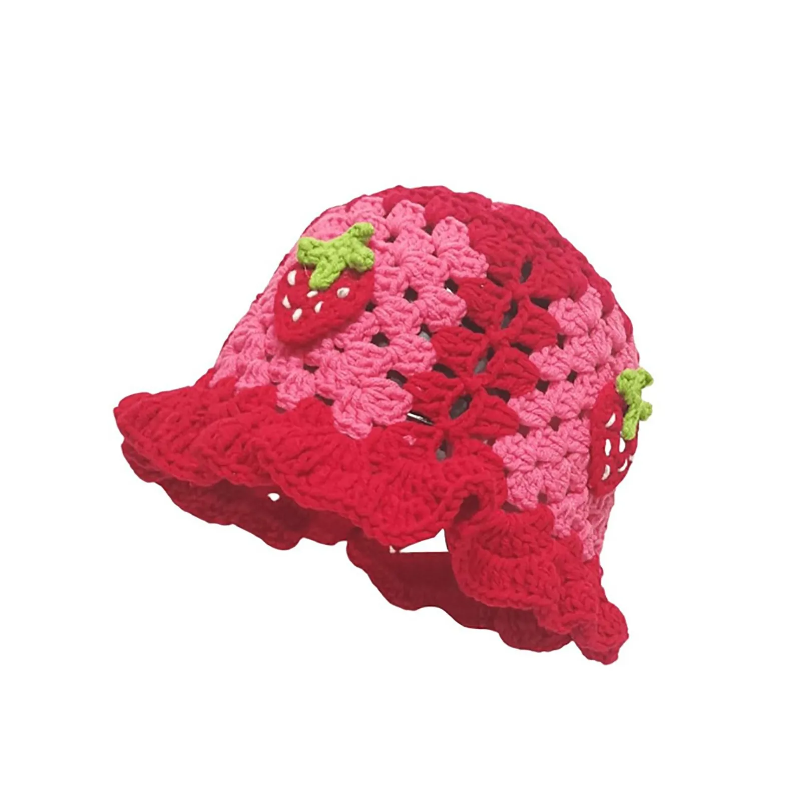 Women Strawberry Crochet Bucket Hats Foldable Knitted Boho Hat Ear Warmer Hat