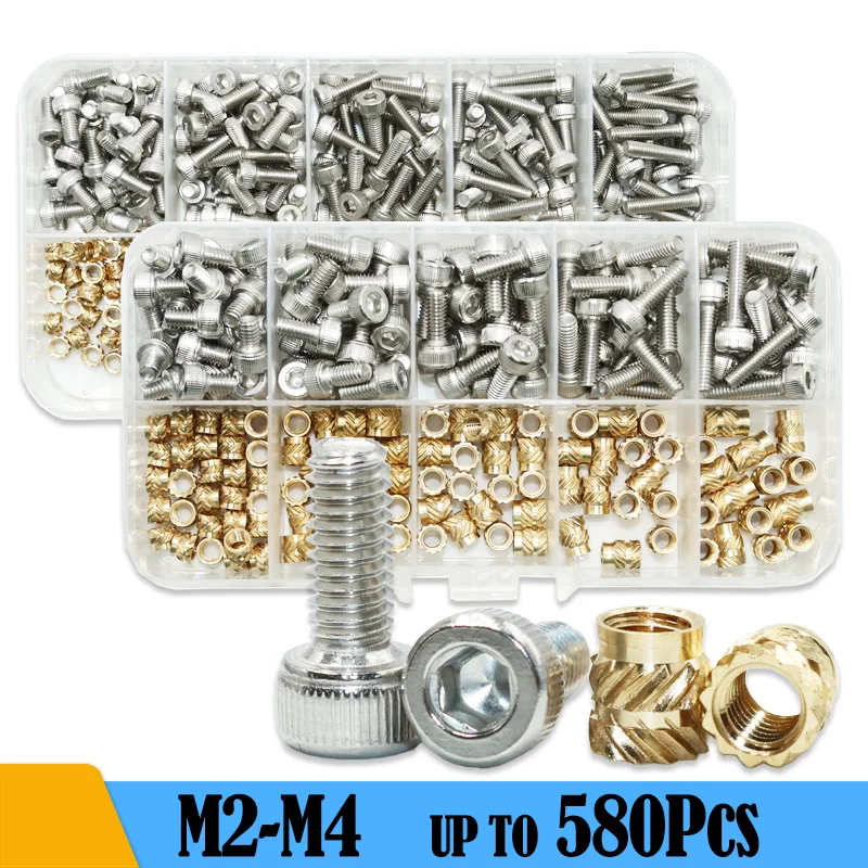 Brass Threaded Insert Nut and Stainless Steel Hexagon Screw Kit  M2 M3 M4 Heat Set Inserts 3D Printing Game Computer Allen Bolts