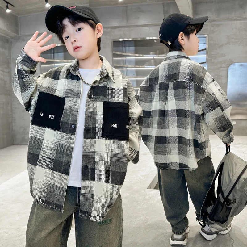 

New Spring Autumn Boy Luxury Clothes Long Sleeve Children's Plaid Shirt For Kids Teenagers Fashion Streetwear Blouse Coat 5-14Y