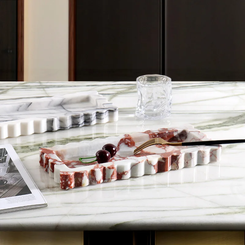30x13x2.5CM Natural Marble Rectangular Narrow Edged Scallop Tray Design Ornament Home Desktop Fruit Snack Storage Tray Decorate