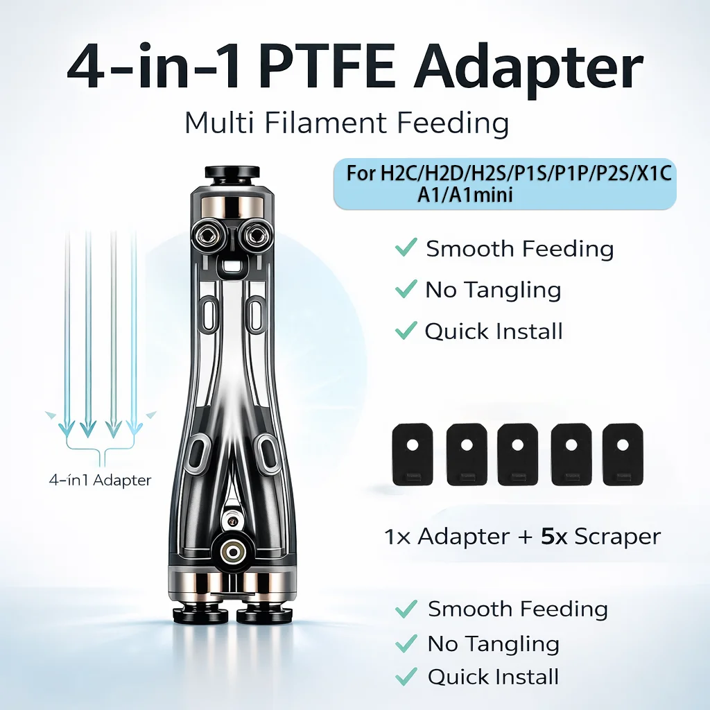4-in-1 PTFE Filament Tube Adapter Feed Module Connector with Cleaning Pads for Bambu Lab H2D H2S P1S P1P X1C X1E A1 Mini