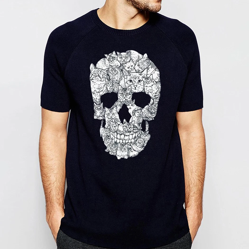 Funny Design Cats Skull T Shirt For Men 2024 Summer 100% Cotton Short Sleeve Tee Male Tops Animal Fashion Fitness Streetwear