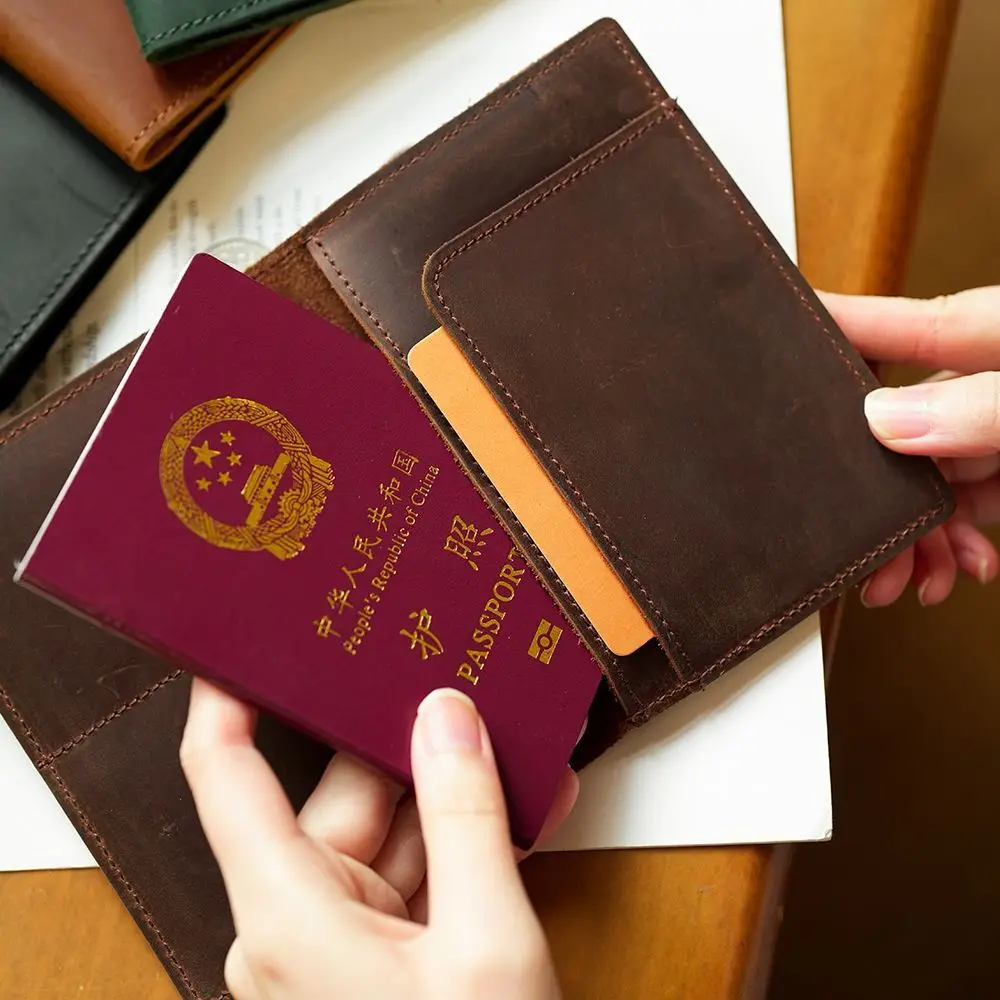 Crazy Horse Leather Passport Holder Wallet for Men Vintage Travel Document Organizer Card Case with RFID Blocking