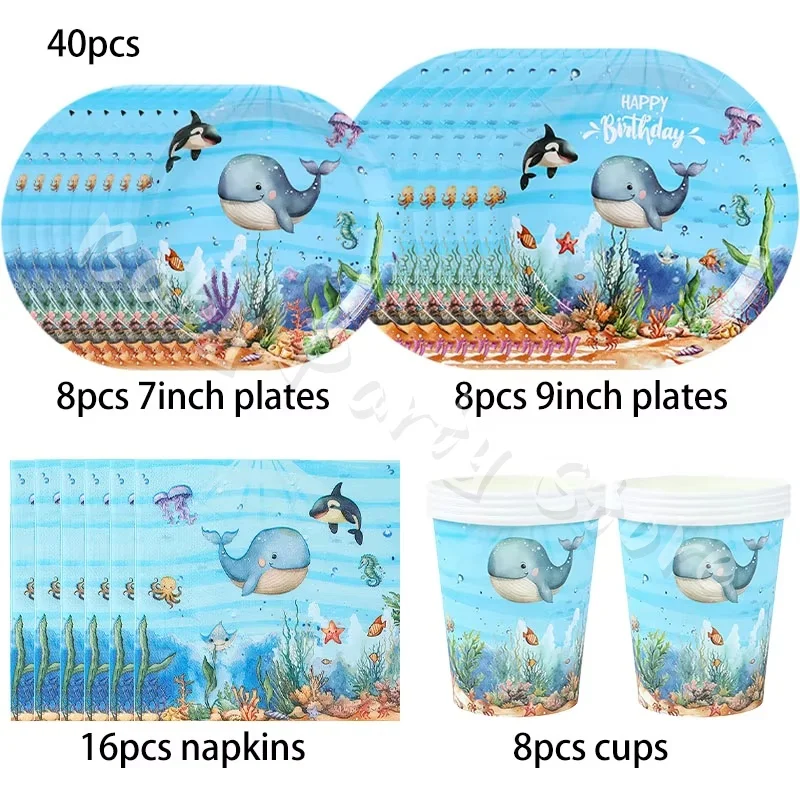 Blue Sea World Wal-Einweggeschirr-Set, Teller, Becher, Servietten mit Ozean-Thema, Geburtstags- und Feiertagsparty-Zubehör, Dekoration, Geschenk – Detail 7
