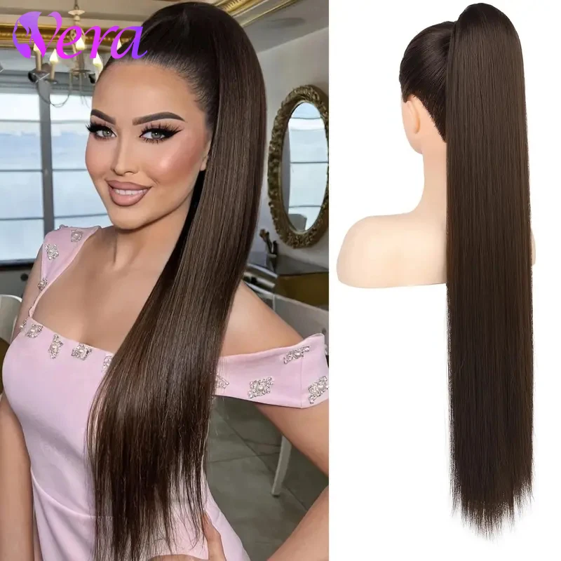 Longas extensões de cabelo rabo de cavalo para mulheres, extensão do cabelo humano remy, cor marrom escuro, cordão reto, #2, desgaste diário