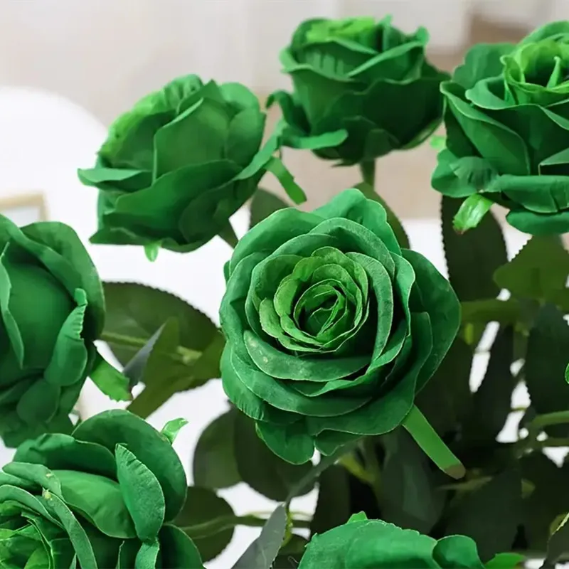 6 Stück/12 Stück dunkelgrüne Seidenrosen, künstliche Blumen für Zuhause, Hochzeitsdekoration, gewölbte Blumen, Wanddekoration, Valentinstagsgeschenke – Detail 6