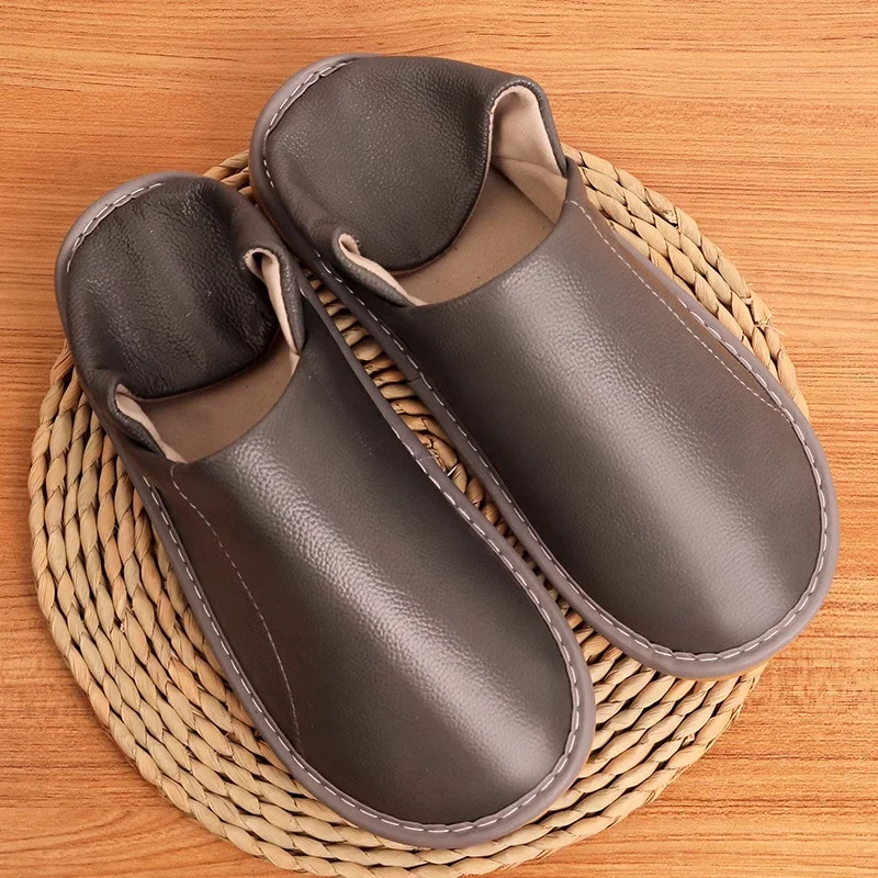 Women's Leather Indoor Slippers Genuine Leather Solid Color Winter Warm Comfortable Home Slippers for Men
