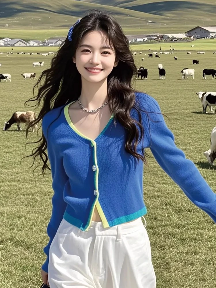 

Женские кардиганы контрастного цвета в стиле гранж в стиле пэчворк, 1920, однобортные милые укороченные свитера, повседневный эстетический трикотаж Y2k, осень