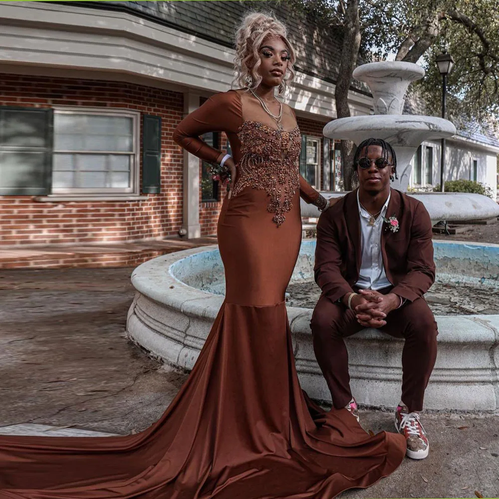 Square Neck Long Sleeve Mermaid Dress Brown Smooth Satin Evening Dresses Custom Made Women Clothing Ever Pretty Gowns Plus Size