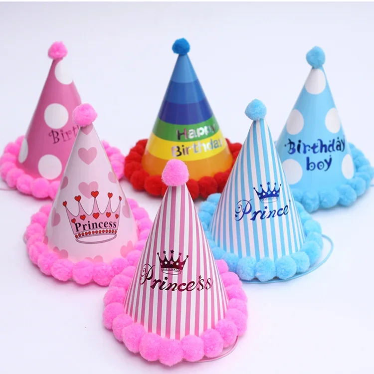 Cute Cartoon Party Hats for Kids, Shiny Gold and Silver Balls, Happy Birthday Crown Headwear