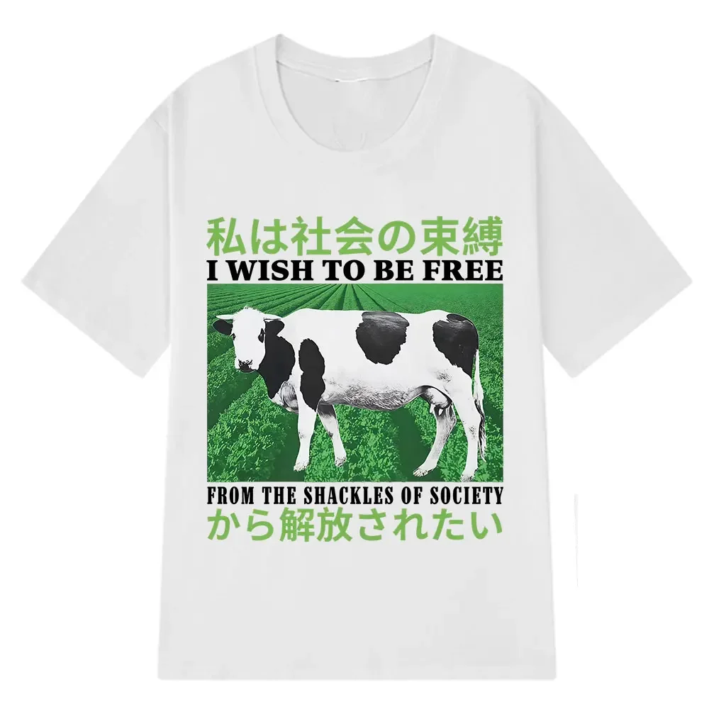 I Wish To Be Free From The Shackles of Society Funny Cow Japanese Vintage T Shirts Woman Summer Loose Casual T-shirt Tops