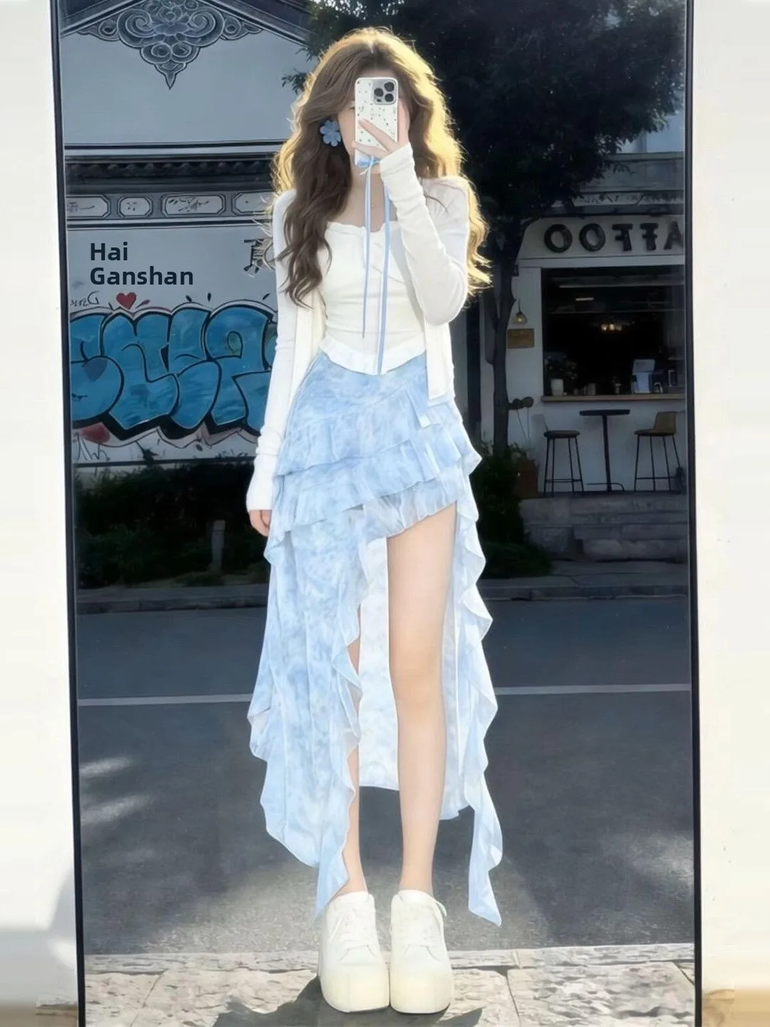 

Blue Asymmetrical Long Skirt Cake Skirt Set Spring Summer Vacation Style Fashionable Women's Three-Piece Suit High Waist Long...
