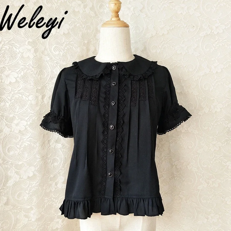 Original Lolita Woman Clothing Jirai Kei Short Sleeve Pleated Shirt Princess Loose Doll Collar Chiffon Versatile Shirts Femmes