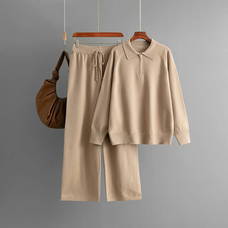 

Fashion Suit Women's Autumn Winter New Polo Collar -zipper Casual Knitted Sweater Wide-leg Pants Two Piece Sets Womens Outifits