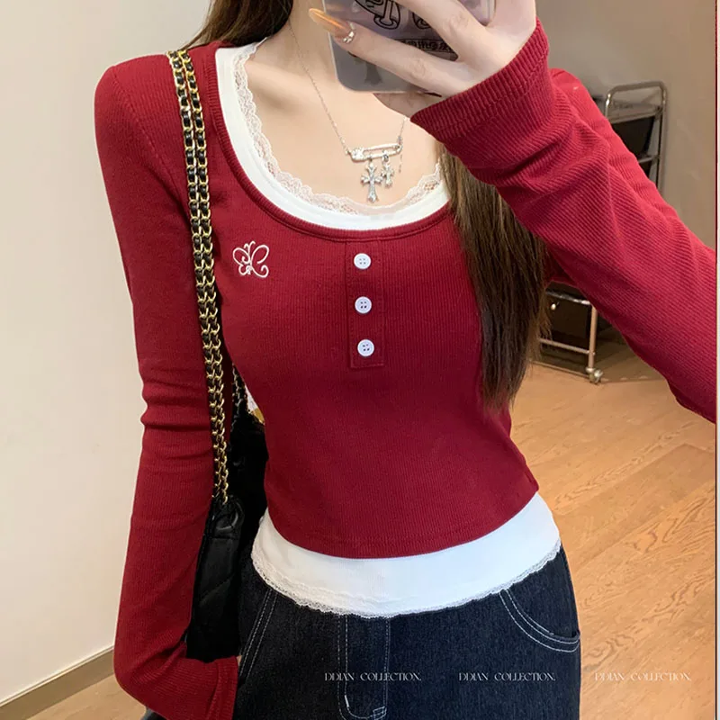 Spring Sweet Lace Slim Short Style Pullovers Women Vintage Chic Embroidery Fake Two Pieces O-neck Knitted Tops