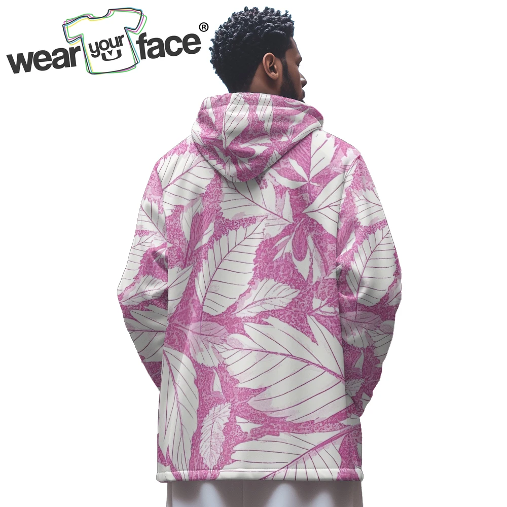 Unisex Soft Fleece Hooded Jackets with Colorful Gradient Leaf Patterns Cozy Mid-Length Zip-Up Coat for Fall and Winter Outerwear