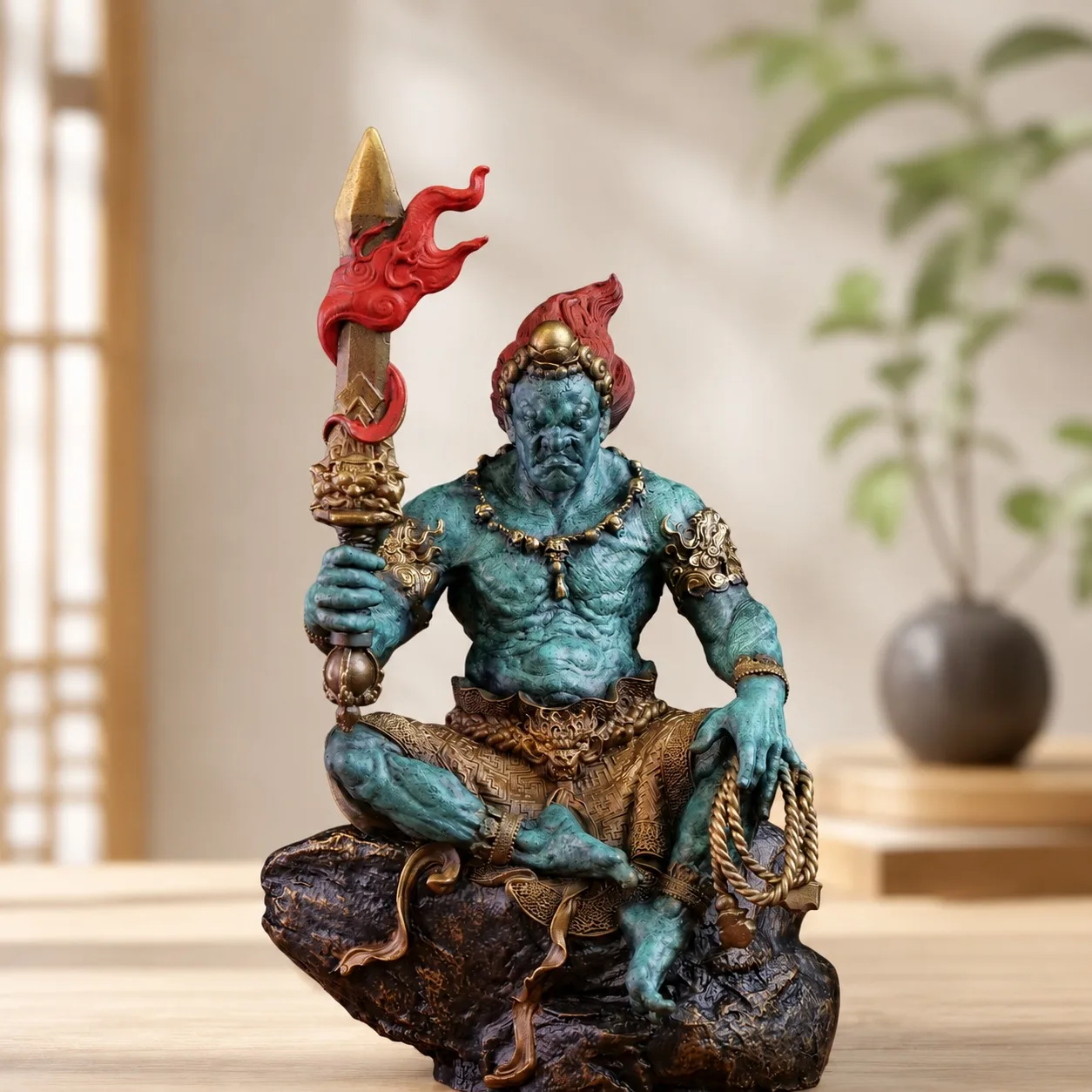 Handcrafted Solid Brass Fudo Myoo Seated Statue for Traditional Chinese Buddhist Tabletop Home Office Zen Decor Gift