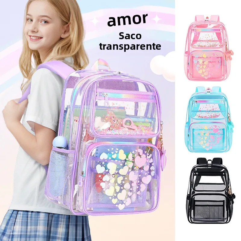 Mochila Transparente de Desenho Animado, Bolsa de Ombro Dupla Faion para Als do Ensino Fundamental e Médio, Adequada par...