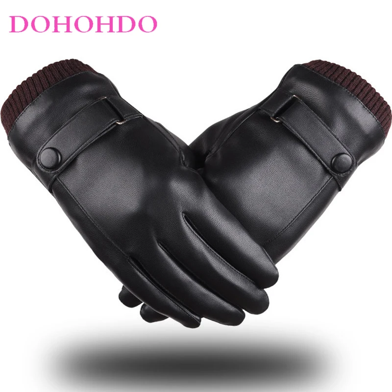 الرجال لوه كو قفازات جلدية سوداء الخريف الشتاء شاشة تعمل باللمس وسيم زائد المخملية بولي Leather قفازات جلدية قفازات الشتاء الدافئة للدراجات النارية