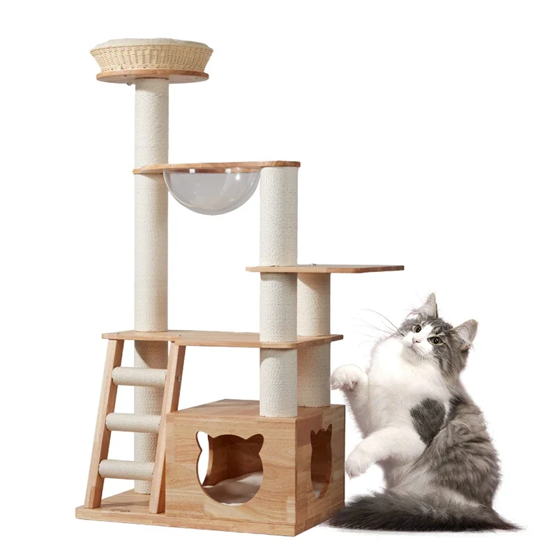 Large Wooden Pet Cat Tree & Scratcher Toy Climbing Frame & Scratching House for Cats Simple Designed Cat Trees & Scratcher