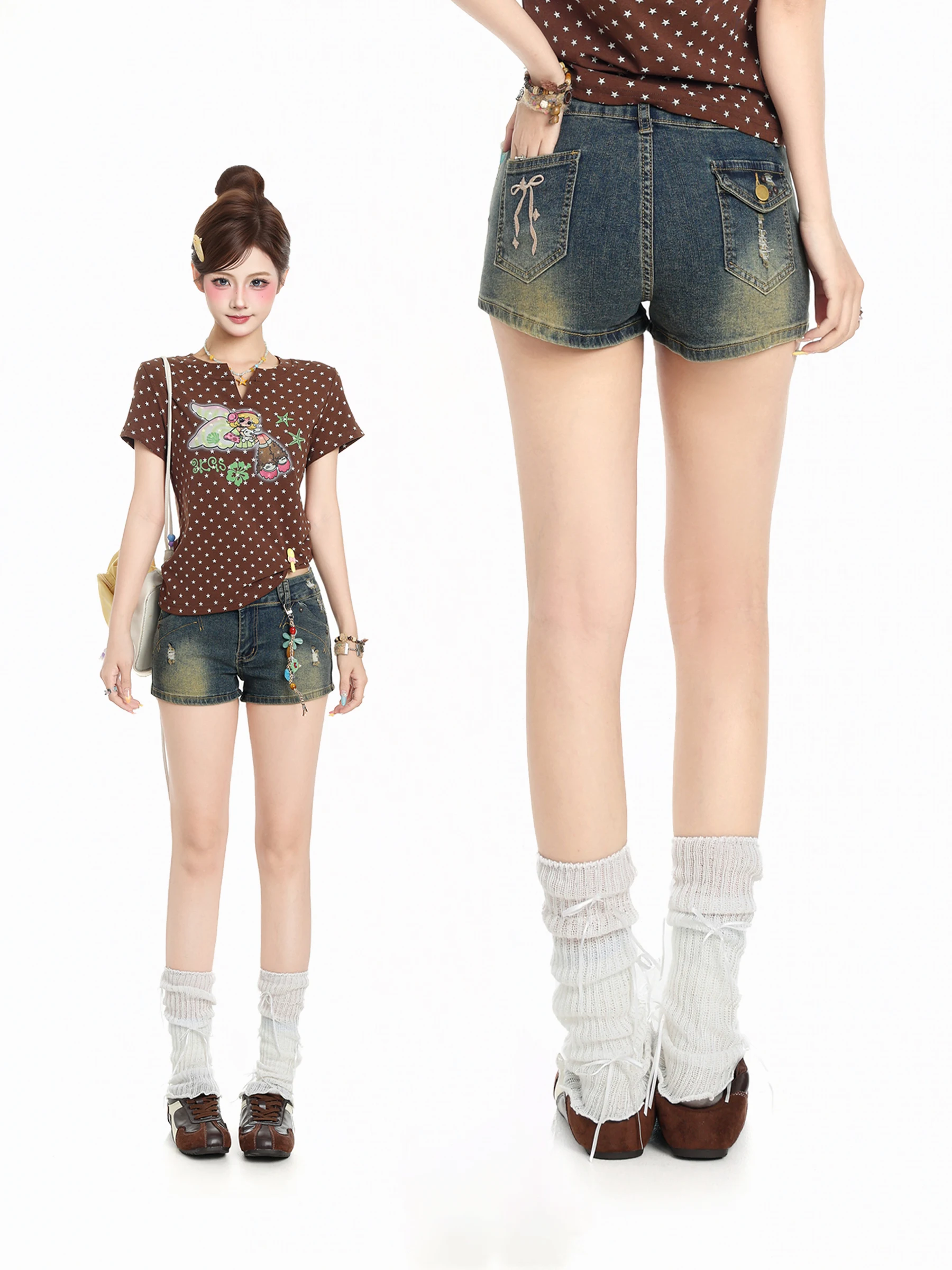 

Retro American Hole Short Pants Women Summer New Slim Low Waist A-Line Wrap Hot Girl Hot Pants Cotton Natural Waist Shorts