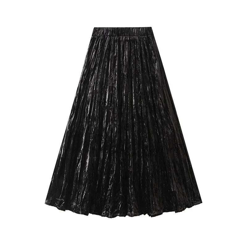 

1pcs Ladies' Pleated Velvet Mid-length Skirt, High-waisted A-line Skirt, Casual Autumn and Winter Half Skirt, Daily Wear.